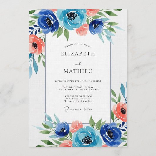 Navy Floral Watercolor Wedding 招待状 (正面)
