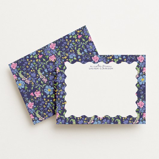 Navy Floral Wavy Frame Note Card 招待状