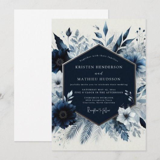 Navy Floral Winter Romance Wedding 招待状 (正面/裏面)