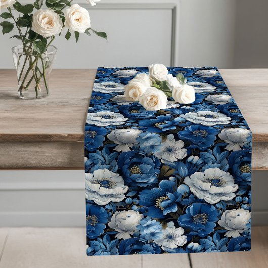 Navy Flowers Blue and White Table Runner ロングテーブルランナー