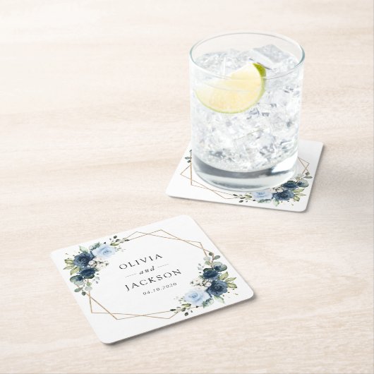 Navy Flowers, Blue Flowers, Boho, Floral Wedding スクエアペーパーコースター (インサイチュ)