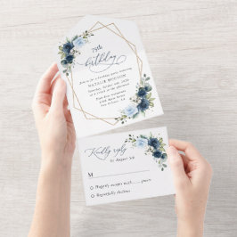 Navy Flowers, Blue Flowers, Greenery, Birthday オールインワン招待状