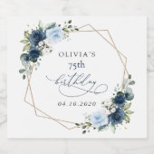 Navy Flowers, Blue Flowers, Greenery, Birthday スパークリングワインラベル (シングルラベル)