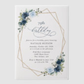 Navy Flowers, Blue Flowers, Greenery, Birthday ベラム紙招待状 (正面)