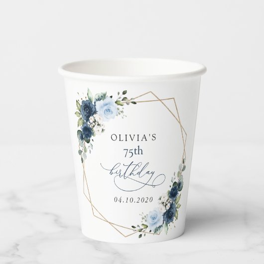 Navy Flowers, Blue Flowers, Greenery, Birthday 紙コップ (裏面)