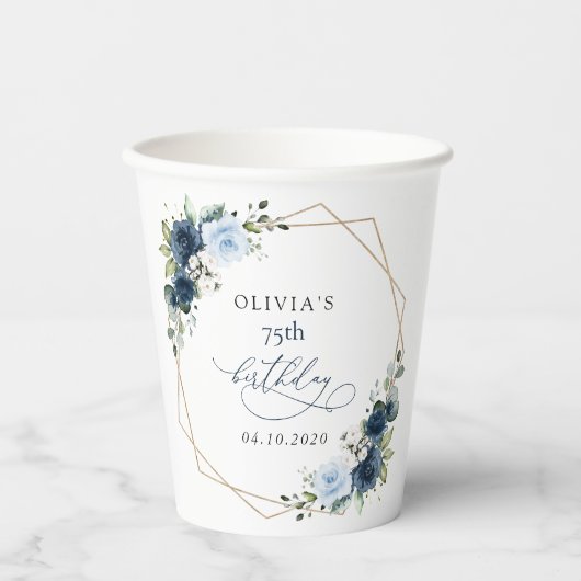 Navy Flowers, Blue Flowers, Greenery, Birthday 紙コップ (正面)