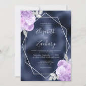 Navy Foil Lilac Silver Floral Wedding 招待状 (正面)