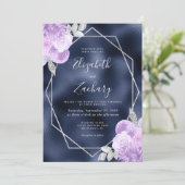 Navy Foil Lilac Silver Floral Wedding 招待状 (スタンド正面)