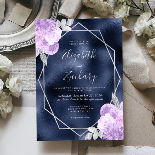 Navy Foil Lilac Silver Floral Wedding 招待状