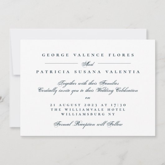 Navy Formal Calligraphy Elegant Wedding 招待状 (正面)