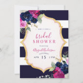 Navy & Fuchsia Floral Bridal Shower 招待状 (正面)