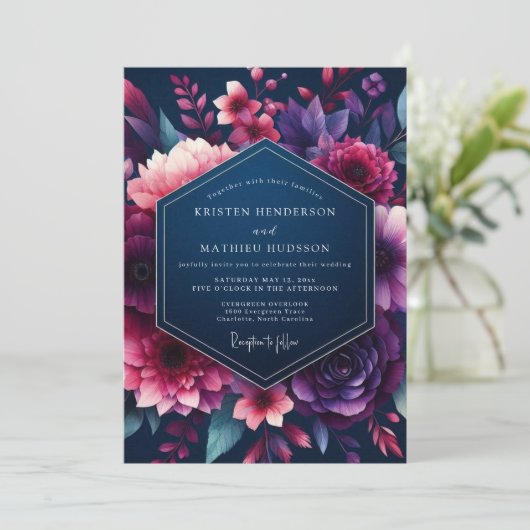 Navy & Fuchsia Vibrant Bloom Wedding 招待状 (スタンド正面)