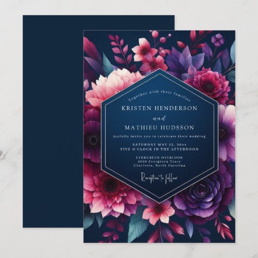 Navy & Fuchsia Vibrant Bloom Wedding 招待状 (正面/裏面)