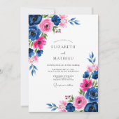 Navy Fuchsia Watercolor Romantic Wedding 招待状 (正面)