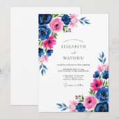 Navy Fuchsia Watercolor Romantic Wedding 招待状 (正面/裏面)