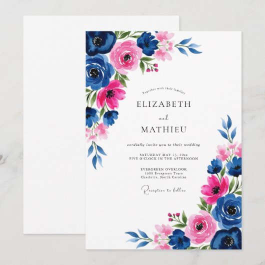 Navy Fuchsia Watercolor Romantic Wedding 招待状 (正面/裏面)