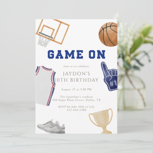 Navy Game On Basketball Birthday Jersey Watercolor 招待状 (スタンド正面)