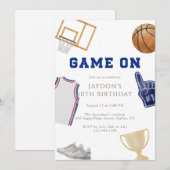 Navy Game On Basketball Birthday Jersey Watercolor 招待状 (正面/裏面)