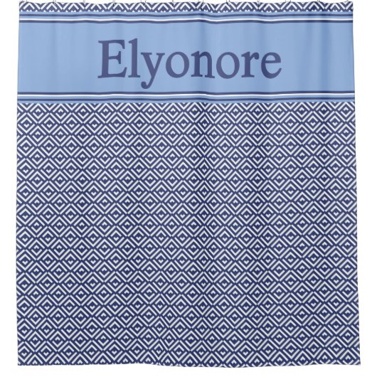 Navy Geometric Chevron Name Design シャワーカーテン (正面)