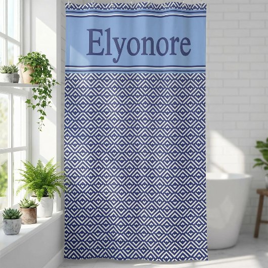 Navy Geometric Chevron Name Design シャワーカーテン