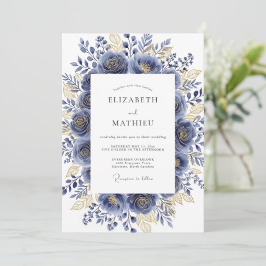 Navy Gilded Bloom Romantic Wedding 招待状 (スタンド正面)