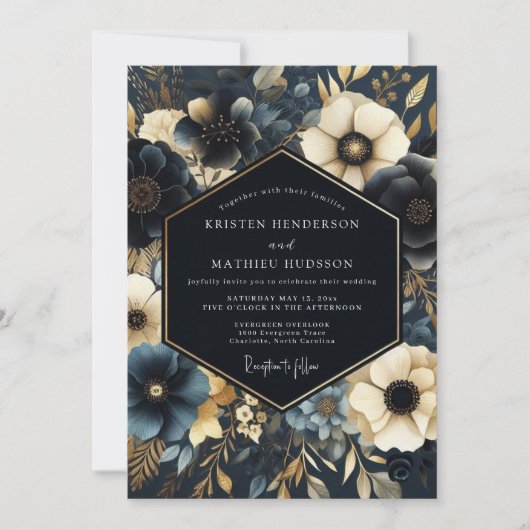Navy Gilded Floral Wedding 招待状 (正面)