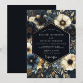 Navy Gilded Floral Wedding 招待状 (正面/裏面)