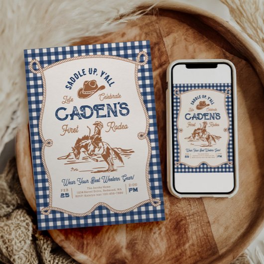 Navy Gingham Rope Rodeo Invitation 招待状