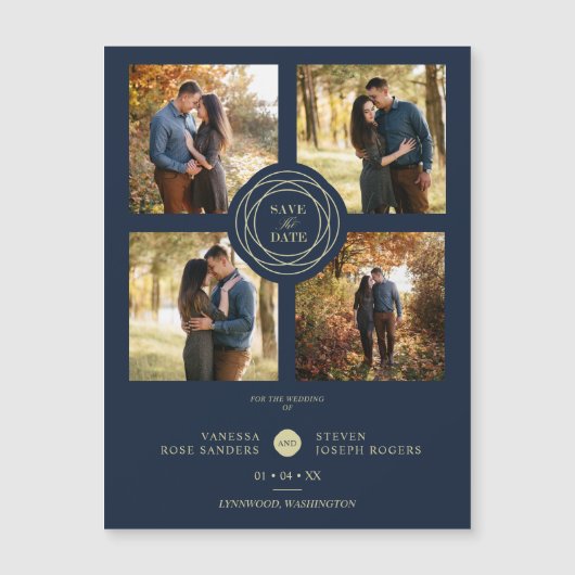Navy Gold 4 Photos Modern Collage Wedding Script (正面)