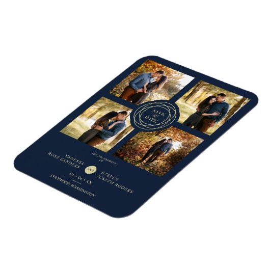 Navy Gold 4 Photos Modern Collage Wedding Script マグネット (左側)