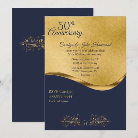 Navy & Gold 50th Anniversary Celebration Invitatio 招待状 (正面/裏面)