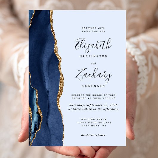 Navy Gold Agate Pale Blue Wedding Invitation 招待状
