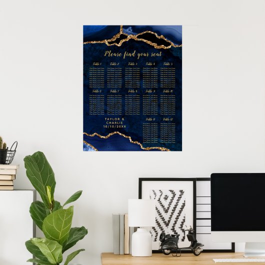 Navy Gold Agate Wedding Seating Chart 12 Table ポスター (ホームオフィス)