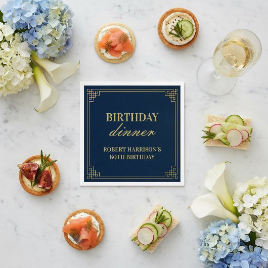 Navy Gold Art Deco 80th Birthday Dinner Party スタンダードカクテルナプキン
