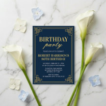 Navy Gold Art Deco 80th Birthday Party Invitation
