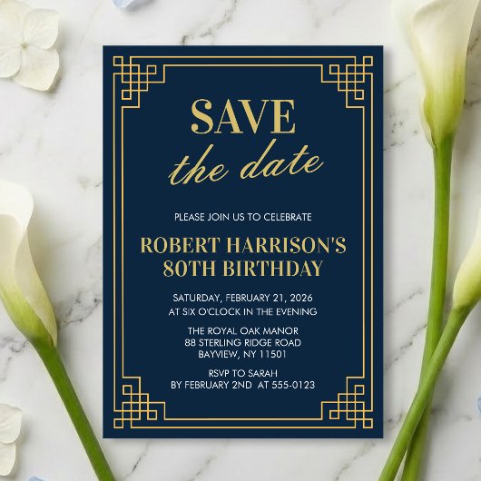 Navy Gold Art Deco 80th Birthday Save the Date 招待状