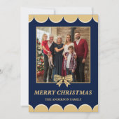 Navy & Gold Bow Scalloped Family Christmas Photo シーズンカード (正面)