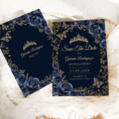 Navy Gold Butterflies Roses Quinceanera セーブザデート