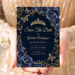 Navy Gold Butterflies Roses Quinceanera セーブザデート<br><div class="desc">Navy Blue and gold Quinceanera celebration Save The Date card. Features, script font, butterflies, watercolor roses and tiara. Perfect for an elegant princess style glam celebration. Personalize with your own details. Printed Zazzle cards or instant download digital printable template.</div>