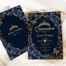 Navy Gold Butterflies Roses Quinceanera 招待状