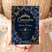 Navy Gold Butterflies Roses Quinceanera 招待状