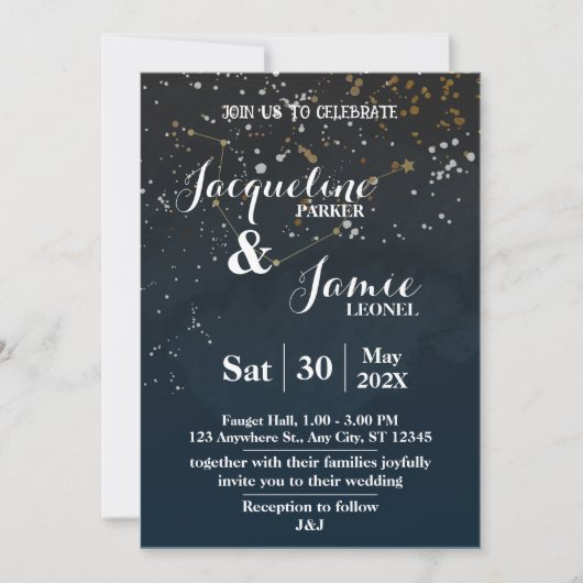 Navy & Gold Celestial Wedding Invitation Template 招待状 (正面)