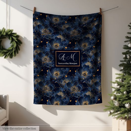 Navy Gold Custom Blanket Lux Floral Throw Style フリースブランケット