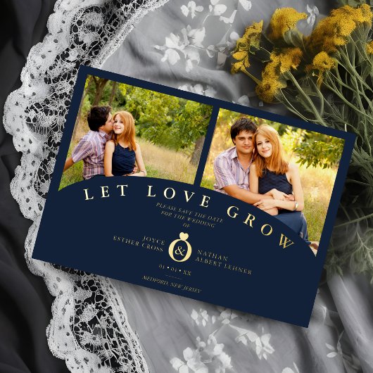 Navy Gold Elegant 2 Photos let Love Grow Wedding 箔招待状