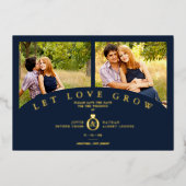 Navy Gold Elegant 2 Photos let Love Grow Wedding 箔招待状 (正面)