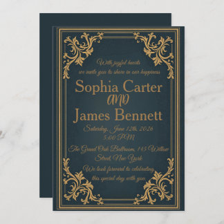 Navy Gold Elegant Formal Wedding Invitation 招待状