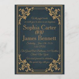 Navy Gold Elegant Formal Wedding Invitation 招待状