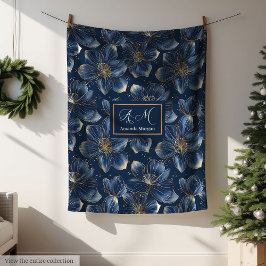 Navy Gold Floral Blanket Chic Personalized Gift フリースブランケット