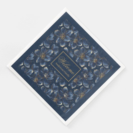Navy Gold Floral Napkins Chic Wedding Table Decor (コーナー)