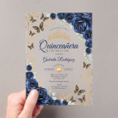 Navy Gold Floral Quinceanera アクリル招待状 (インサイチュ (ポータブル))